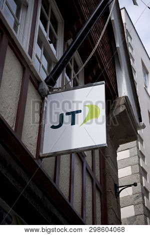 A Jersey Telecom Sign On The High Street In The Town Of St Pierre Port (st Peter Port), The Main Set