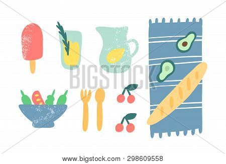 Food For Picnic Vector Illustration. Hand Drawn Ice Cream, Lemonade, Blanket, Baguette, Salad, Cherr