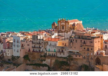 Beautiful Aerial View Of Sanctuary Of Maria Santissima Del Soccorso Or Mother Church In Coastal City