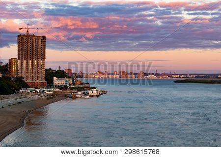 Sunset Over The City Of Khabarovsk And The River Amur.