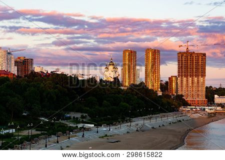 Sunset Over The City Of Khabarovsk And The River Amur.