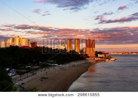 Sunset Over The City Of Khabarovsk And The River Amur.