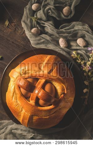 Easter Folar With Egg On Wooden Table Top.