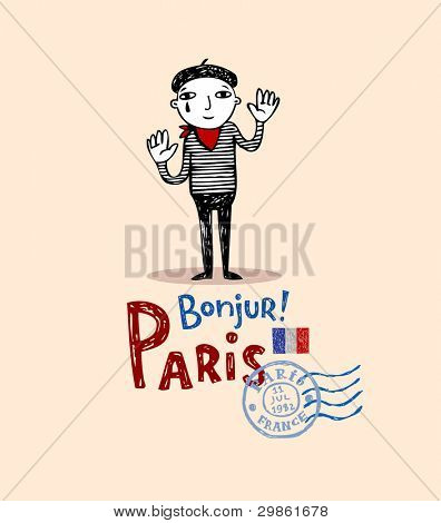 Mine as one of symbols of Paris, post card in doodle style
