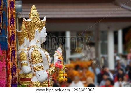 Great White Buddha Statue With Flag Background.