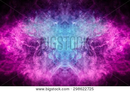 Dense Multicolored Smoke Of   Blue And Purple Colors In The Form Of A Skull, Monster, Dragon On A Bl