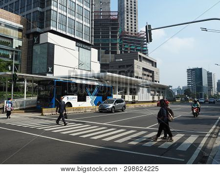 Jakarta, Indonesia - April 17, 2019: The Pelican Crossing On Jalan Thamrin Around Bundaran Hotel Ind