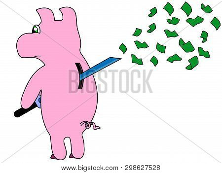 Piggy Bank Doing Harakiri With Dollars. Illustration