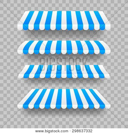 Colored Striped Awnings Set For Shop, Restaurants And Market Store On Transparent Background. Vector
