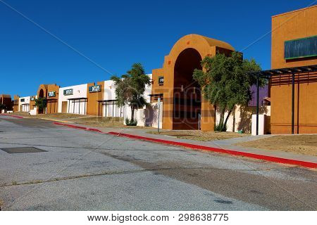 May 1, 2019 In Barstow, Ca:  Abandoned Forgotten Outdoor Shopping Mall With Closed Retail Stores Tak