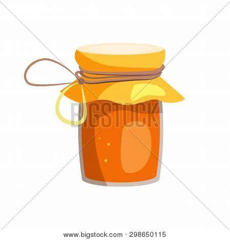 Pot With Honey Cartoon Illustration. Glass Jar With String And Paper Cap. Honey Concept. Vector Illu