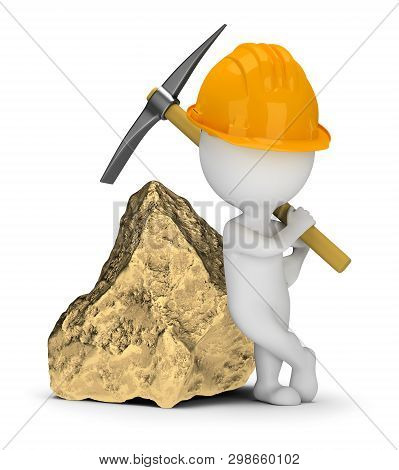 3d Small People - Miner With A Pick Next To A Big Gold Nugget. 3d Image. White Background.