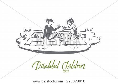 Disabled, Girl, Play, Prosthesis Concept. Hand Drawn Disabled Girl With Protesis Hand Play Concept S