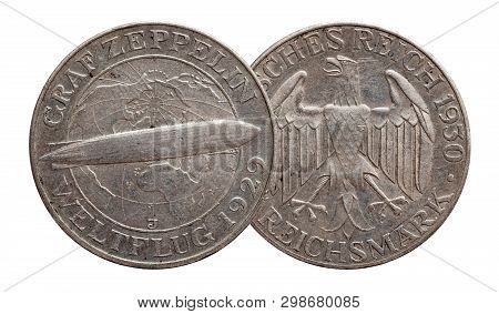 Germany German Silver Coin 5 Five Mark Zeppelin Weimar Republic