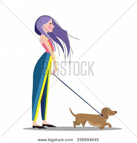 Girl Walking With Her Dog, Cartoon Vector Illustration