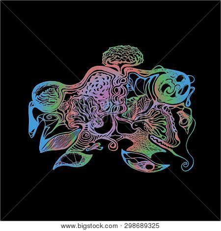A Picture With Two Souls That Tripe In One Another. Cosmos, Lotus, Ghosts. Psychedelic Illustration.