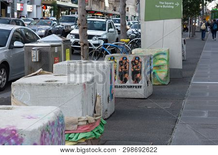 Melbourne, Australia - July 6th 2018: Temporary Anti Terrorism Bollards In Place In Melbournes Flind