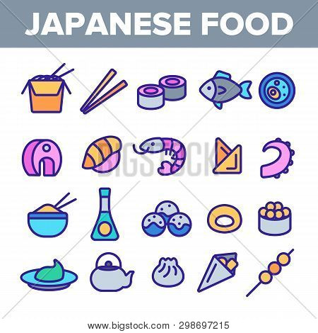 Japanese Food, Sushi Linear Vector Icons Set. Sushi Bar, Japanese Food Restaurant Thin Line Contour 