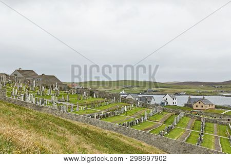 Graveyard On A Hill Facing North Sea In Lerwick At Shetland Islands, Scotland, Uk.