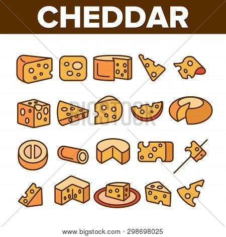Cheddar Cheese Linear Vector Icons Set. Cheddar Piece, Milk Products Symbol Pack. Snack, Food. Dairy