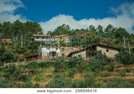 Countryside Landscape With Rustic Houses On Hill With Terraced Olive Trees, In A Sunny Day At Unhais
