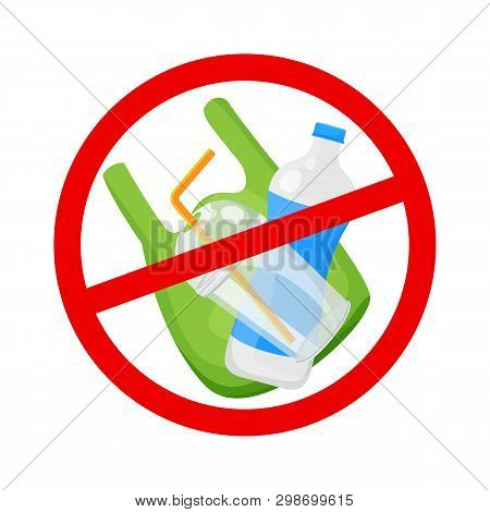 Warning Sign Stop Plastic Waste Isolated On White Background, Ban Plastic Waste In Forbidden Red Log