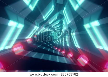 Flying Through Metallic Glowing Rotating Neon Triangles Creating A Tunnel, Colorful Spectrum, Fluore