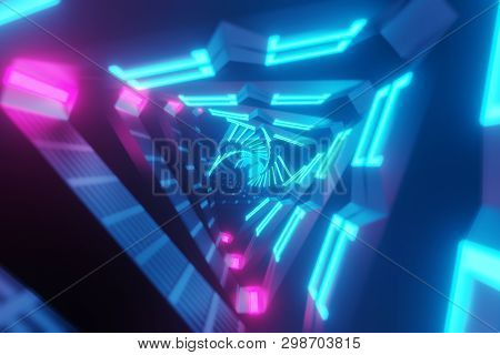 Flying Through Metallic Glowing Rotating Neon Triangles Creating A Tunnel, Colorful Spectrum, Fluore