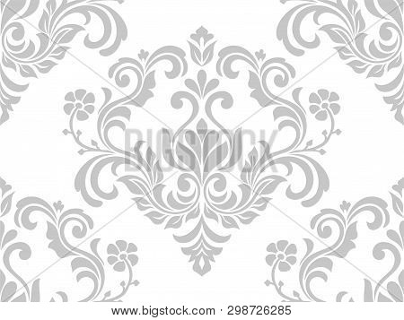 Damask Seamless Vector Background. Baroque Style Pattern. Gray And White Floral Element. Graphic Orn
