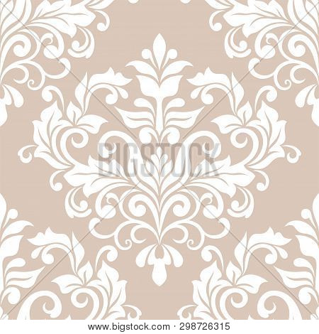 Damask Seamless Vector Background. Baroque Style Pattern. Beige And White Floral Element. Graphic Or