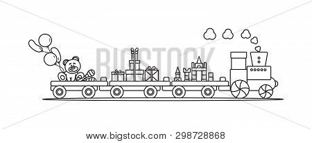 Funny Vector Illustration With Train Carries Toys: Baby Toy Musical Maracas, Designer, Bear, Gifts, 