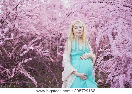 Spring Mood, Beautiful Pregnant Woman Smell Flowering Tree, Enjoying Nature, Pink Floral Garden. Fut