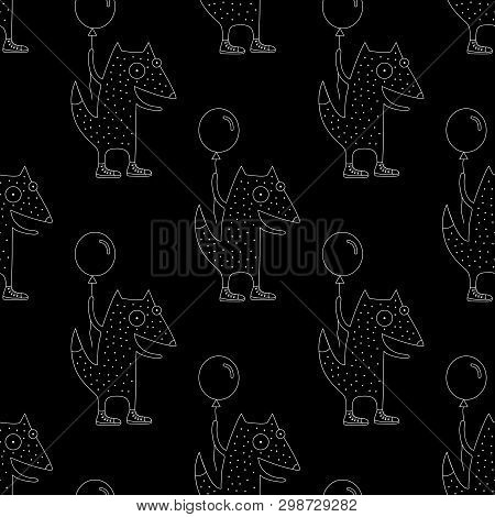 Cute Cartoon Summer Fox Background With Happy Fox Holding A Balloon. Sweet Vector Black And White Su