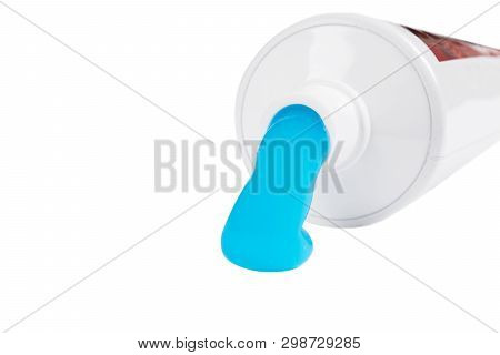 Toothpaste Isolated On White Background. Tube Of Blue Toothpaste Isolated On White With Clipping Pat