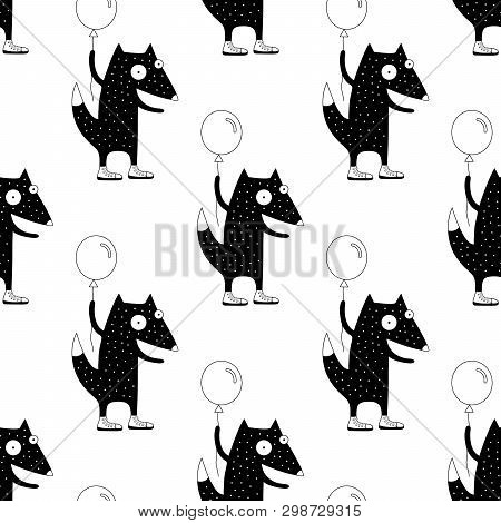 Cute Cartoon Spring Fox Background With Happy Fox Holding A Balloon. Sweet Vector Black And White Sp