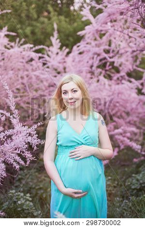 Spring Mood, Beautiful Pregnant Woman Smell Flowering Tree, Enjoying Nature, Pink Floral Garden. Fut