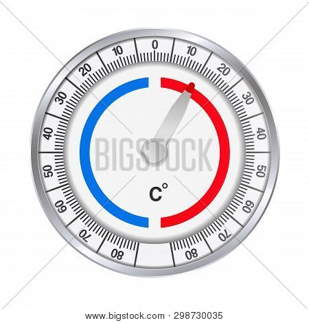 Realistic Illustration Of A Metal Round Thermometer To Measure Degrees Celsius Of Cold And Heat. Iso