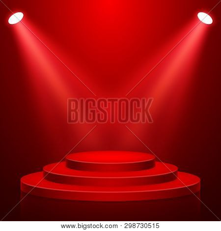 Round Stage Podium With Light. Stage Vector Backdrop. Festive Podium Scene With Red Carpet For Award