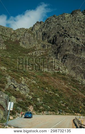 Serra Da Estrela, Portugal - July 14, 2018. Car Parked On The Roadside With Rocky Landscape, At The 