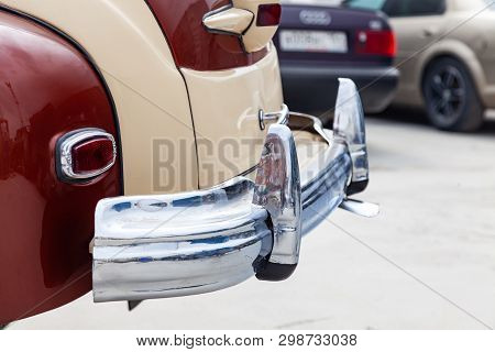 Vintage Retro Car Rear Chrome Bumper With Taillamp In Beige And Brown Color, Handmade With Wood And 