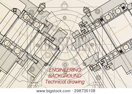 Mechanical Engineering Drawings On Light Background. Milling Machine Spindle. Technical Design. Cove
