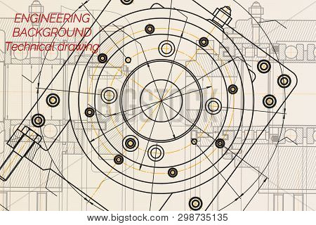 Mechanical Engineering Drawings On Light Background. Milling Machine Spindle. Technical Design. Cove