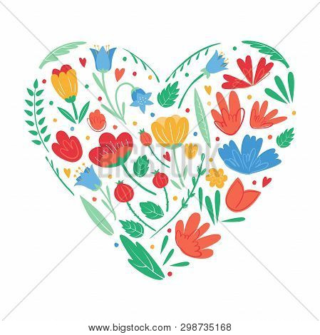 Heart Shape Of Flowers For Greeting Card. To Celebrate Mothers Day, Valentines Day. Romantic Postcar