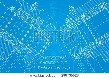 Mechanical Engineering Drawings On Blue Background. Milling Machine Spindle. Technical Design. Cover