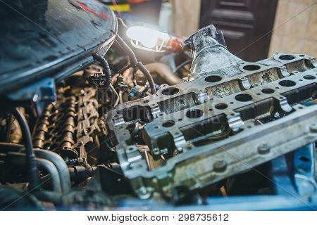 Car Engine Repair In The Workshop. Engine Disassembled.