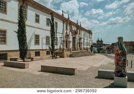 Gouveia, Portugal - July 17, 2018. Facade Of The Town Hall Building Finery Decorated In Baroque Styl