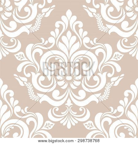 Damask Seamless Vector Background. Wallpaper In The Baroque Style Template. Beige And White Floral E