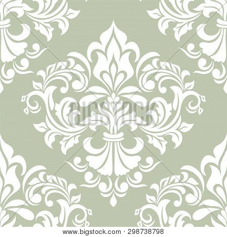 Damask Seamless Vector Background. Baroque Style Pattern. Green And White Floral Element. Graphic Or