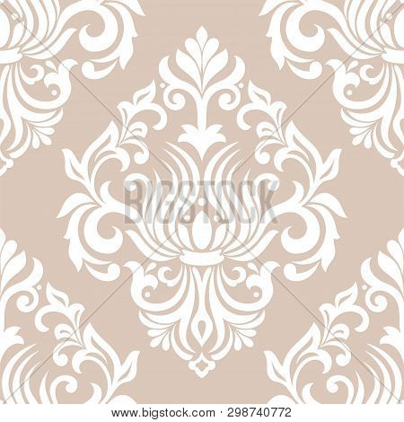 Damask Seamless Vector Background. Baroque Style Pattern. Beige And White Floral Element. Graphic Or