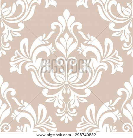Damask Seamless Vector Background. Baroque Style Pattern. Beige And White Floral Element. Graphic Or